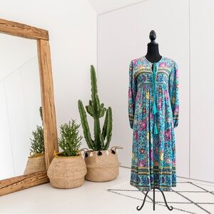 R.Vivimos Long Sleeve Floral Double Tassel Front Midi Dress